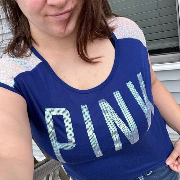 Victoria's Secret PINK | Sleeveless Blue Sequin Off Shoulder Shirt | Size Small - Picture 3 of 12